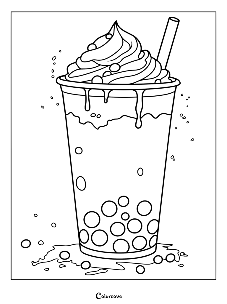 Dibujo para colorear de té con leche de boba con azúcar moreno, nata montada, sirope y una pajita negra.