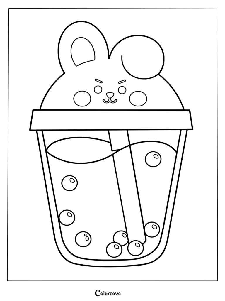 Dibujo para colorear imprimible de BT21 Cooky como un tierno vaso rosa de té de boba, completo con pajita y perlas de tapioca.