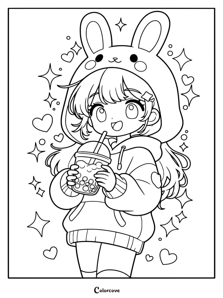 Dibujo para colorear imprimible de una linda chica anime con sudadera de conejito bebiendo té de boba con perlas de tapioca, rodeada de corazones y destellos pastel.