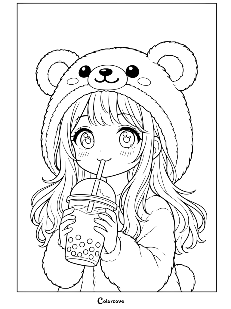 Dibujo para colorear de una linda chica anime con sudadera de oso marrón esponjoso bebiendo té de boba.