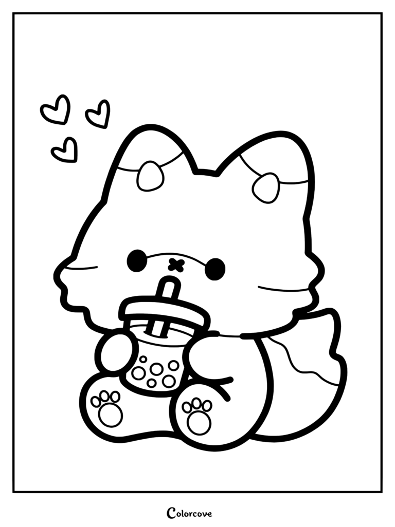 Dibujo para colorear imprimible con un tierno zorro marrón y beige bebiendo té de boba con corazones flotantes sobre fondo melocotón pastel.