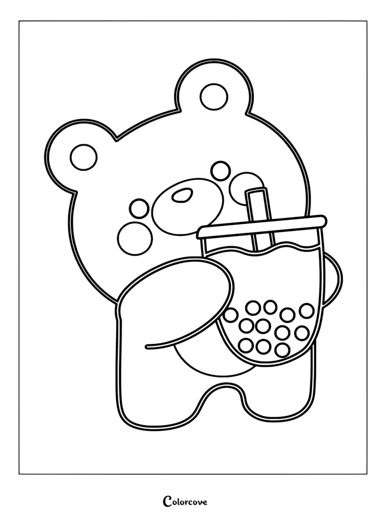 Dibujo para colorear de un tierno oso marrón sosteniendo y bebiendo té de boba con perlas de tapioca.