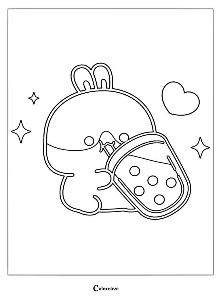 Un dibujo para colorear imprimible con un tierno conejito marrón bebiendo té con leche de boba con perlas de tapioca y un corazón flotante.