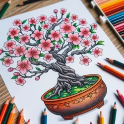 Coloring page of a blooming cherry blossom bonsai tree with colored pencils around.