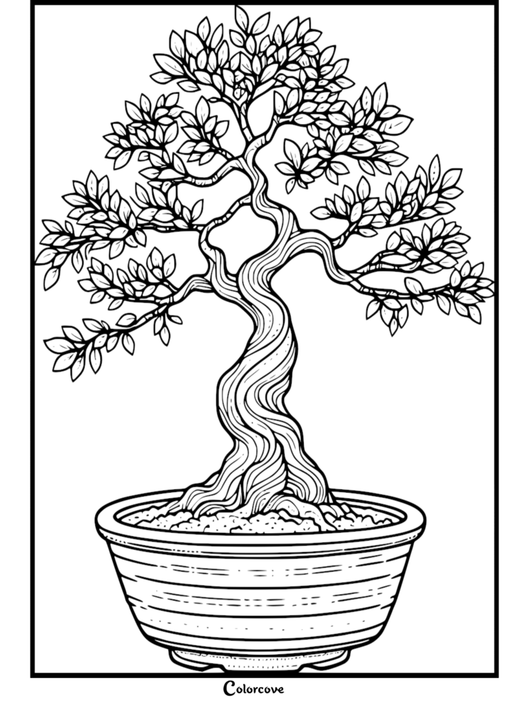 A detailed black and white coloring page of a twisted bonsai tree with textured bark and lush leaves in a ceramic pot.
