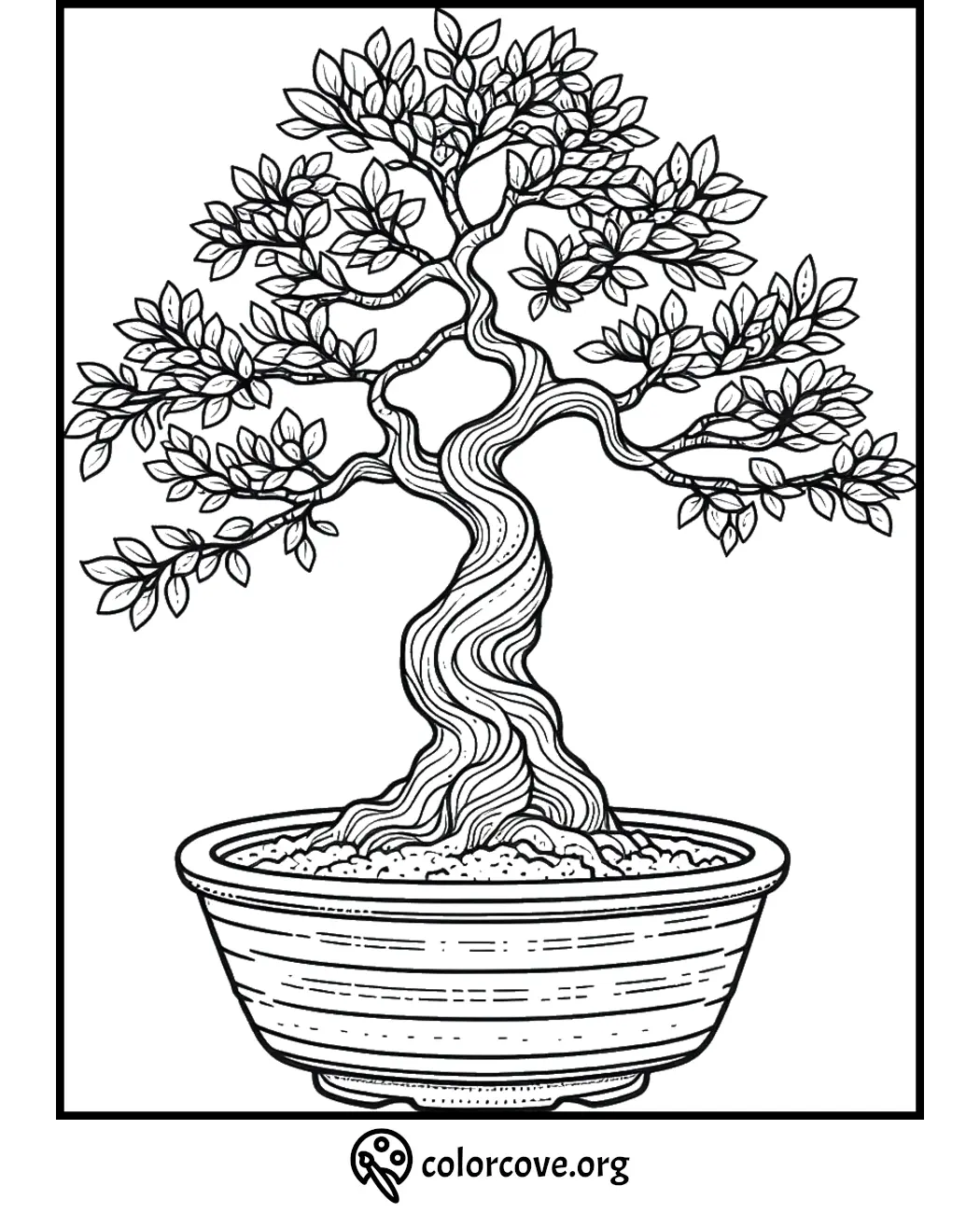 Bonsai coloring page featuring intricate tree design with detailed leaves and pot. Perfect for relaxation and creativity.