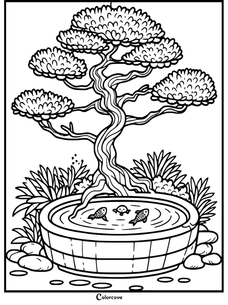 A detailed coloring page featuring a twisted bonsai tree growing directly out of a circular koi pond with three small fish swimming inside.