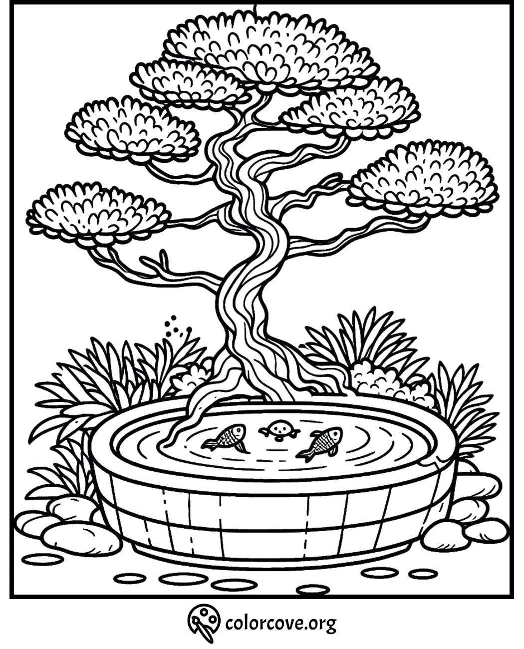 Coloring page featuring a serene bonsai tree and fish pond, perfect for relaxation and creativity at colorcove.org.