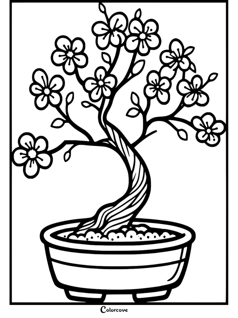 A detailed coloring page featuring a twisted bonsai tree with blooming five-petal flowers in a ceramic pot.