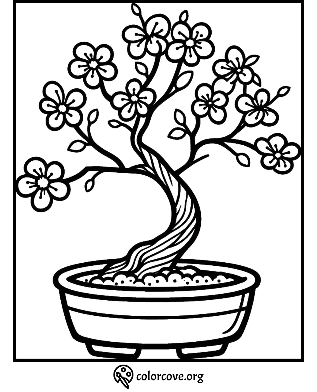 Bonsai tree coloring page with blooming flowers in a decorative pot. Perfect for relaxing and creative coloring activities.