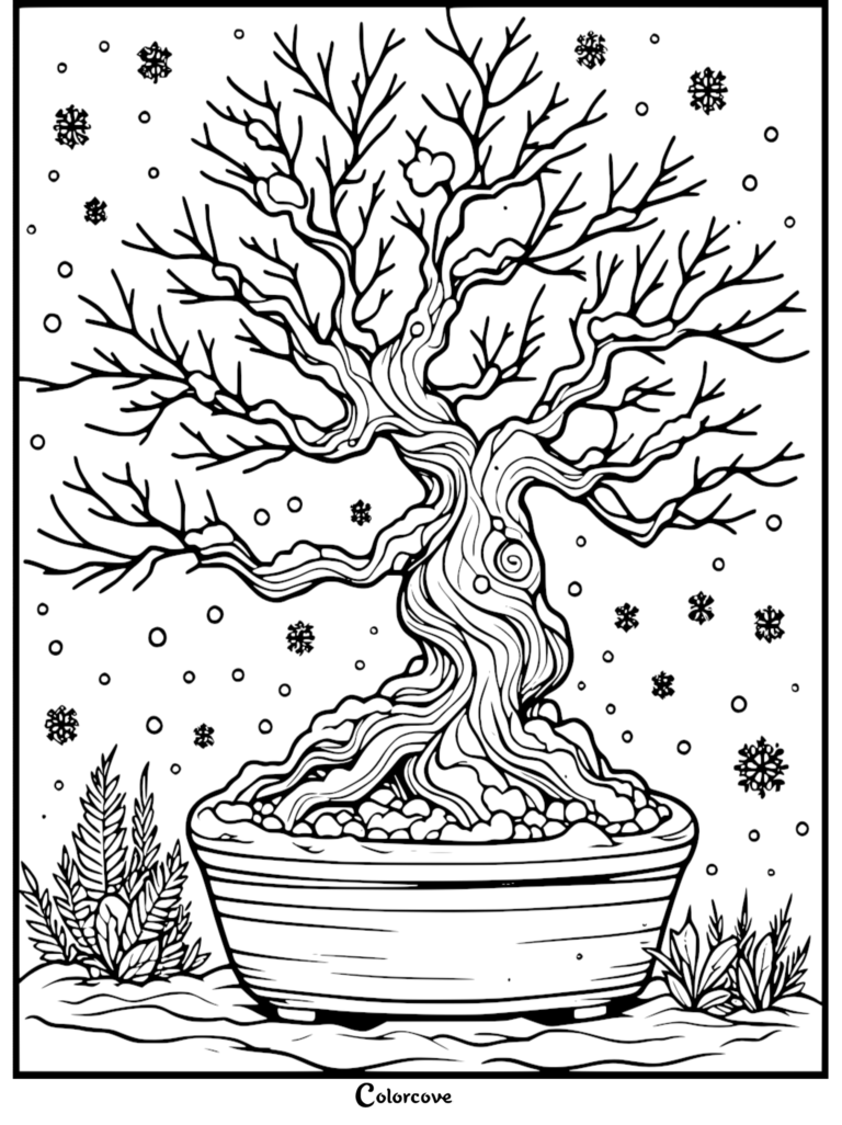 A detailed winter bonsai tree coloring page featuring a gnarled, leafless trunk covered in light snow with falling snowflakes and small plants at the base.