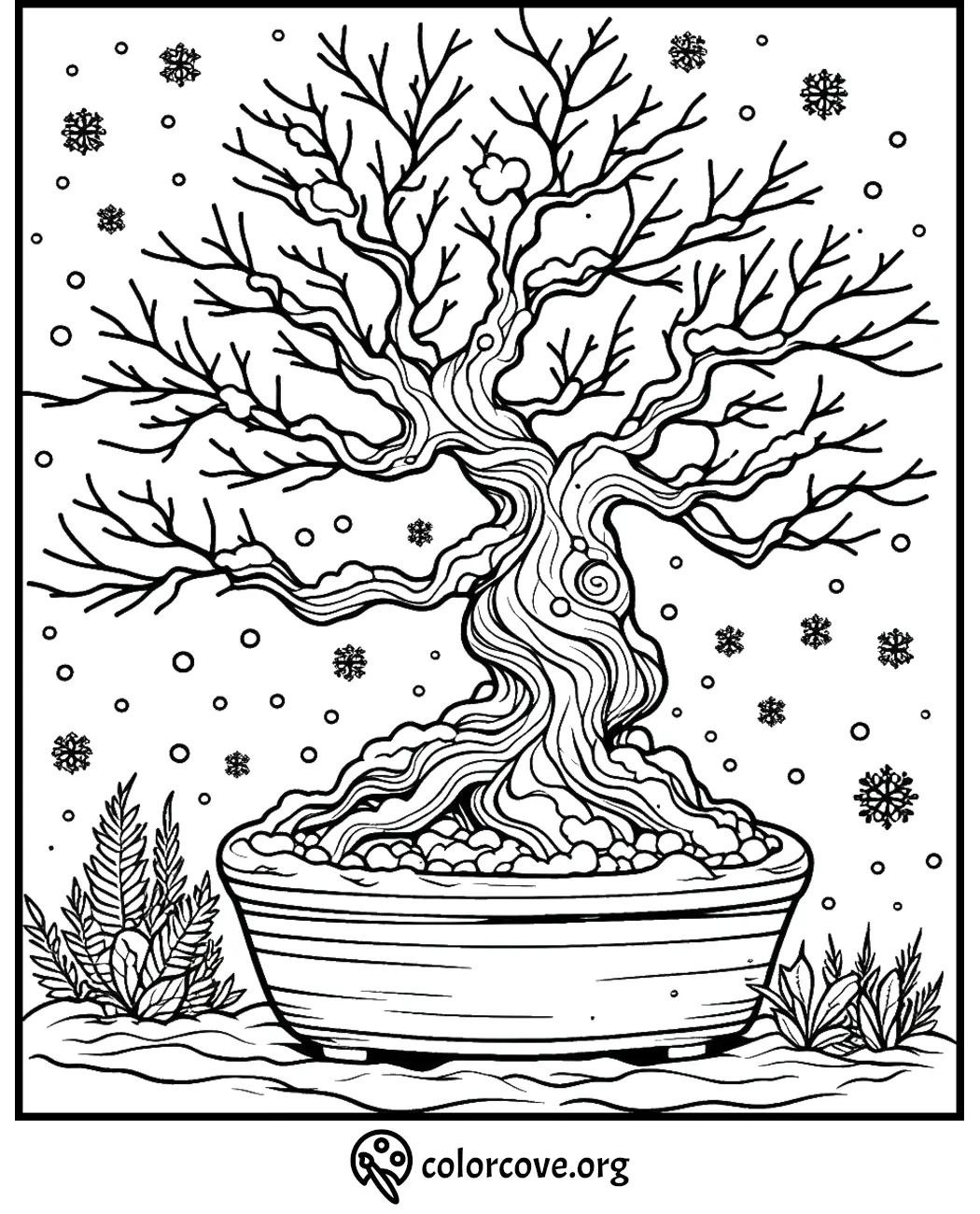 Bonsai tree coloring page with detailed branches and snowflakes. Perfect for relaxation and creativity.