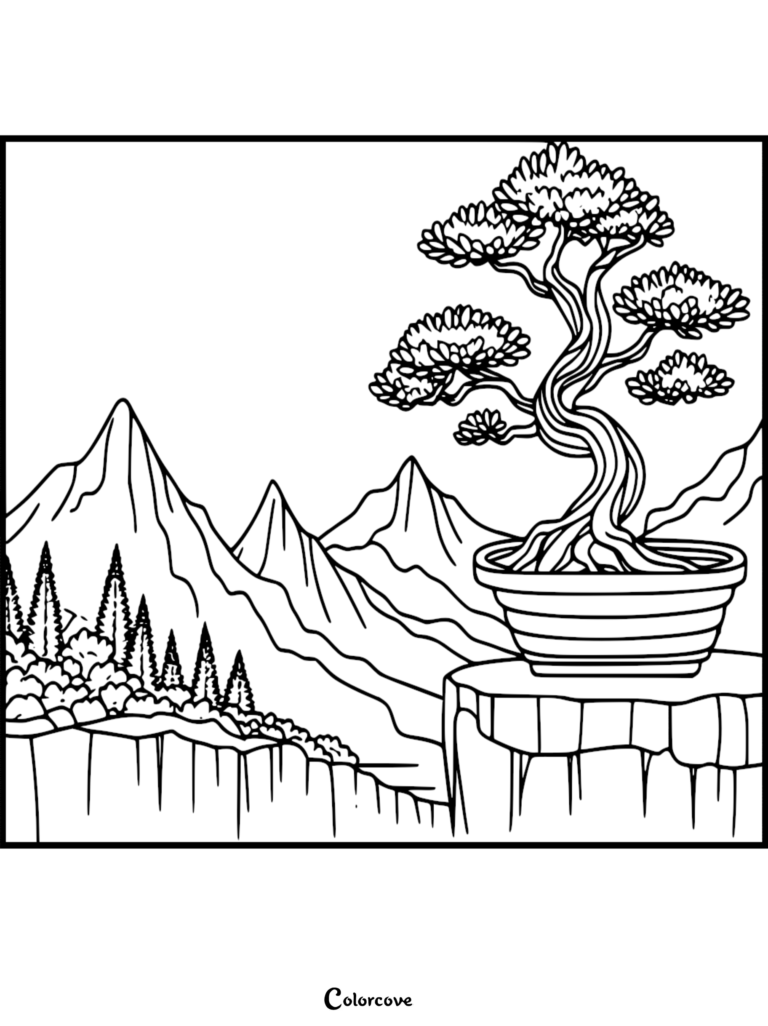 A detailed coloring page featuring a twisted bonsai tree in a pot resting on a stone pedestal overlooking a mountain range and pine forest.