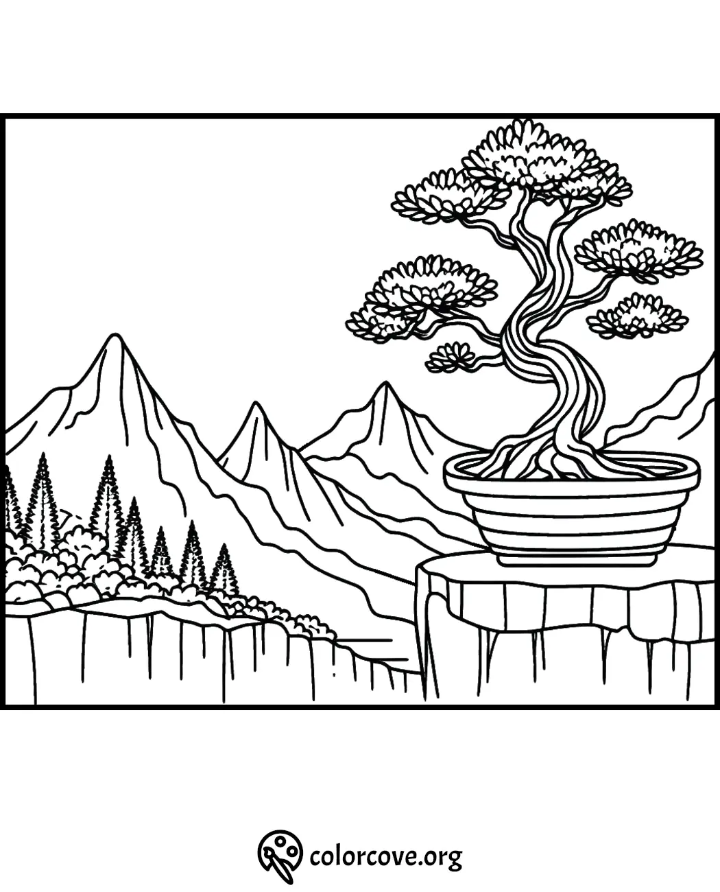 Bonsai tree on cliff with mountain landscape coloring page - printable nature art for relaxation.