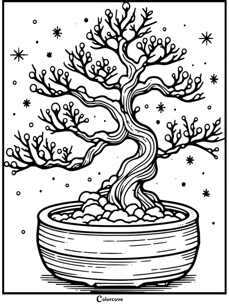 A detailed line art coloring page of a twisted bonsai tree in a round ceramic pot surrounded by floating stars and circles.