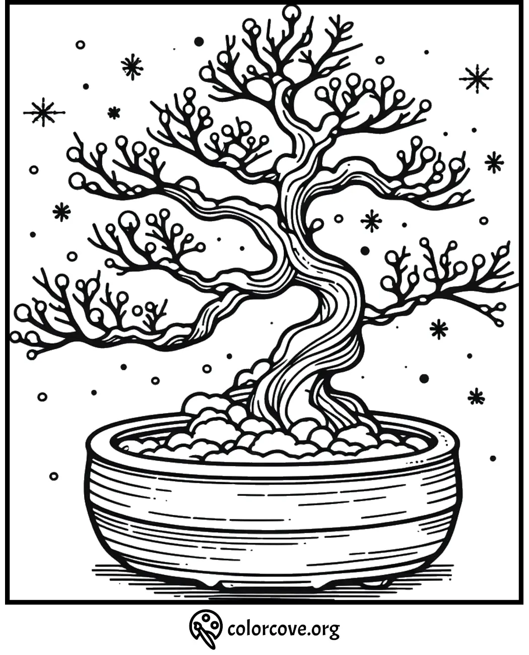 Bonsai tree coloring page for stress relief and creativity, featuring a detailed pot and decorative elements.