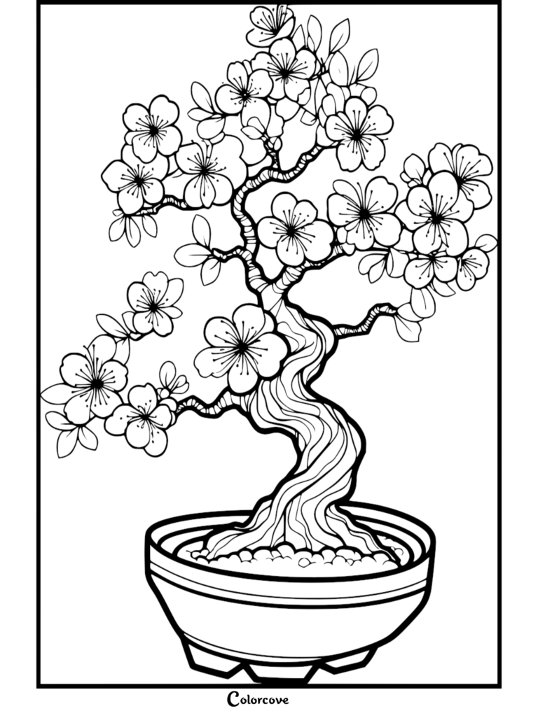 A detailed coloring page of a twisted bonsai tree featuring numerous blooming cherry blossoms in a ceramic pot.