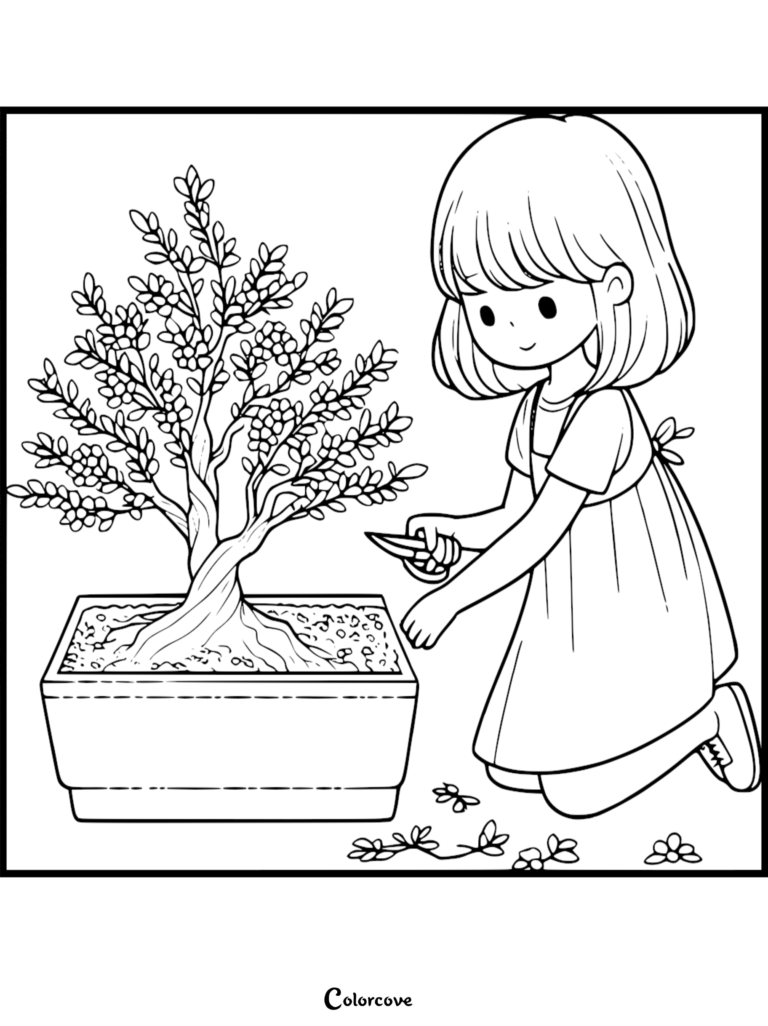 A young girl with a bob haircut kneeling and pruning a small bonsai tree with shears in this printable coloring page.