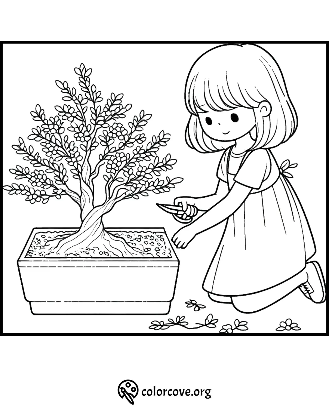 Girl pruning bonsai tree coloring page, featuring a child with scissors tending to a small potted tree.