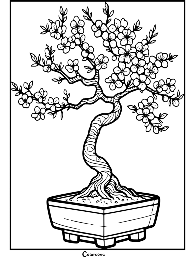 A detailed coloring page of a blooming cherry blossom bonsai tree with a twisted trunk in a rectangular pot.