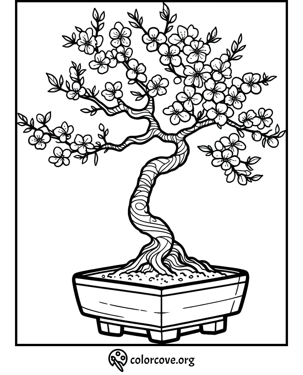 Bonsai tree with blossoms coloring page for mindfulness and relaxation. Ideal for stress relief and creativity boost.