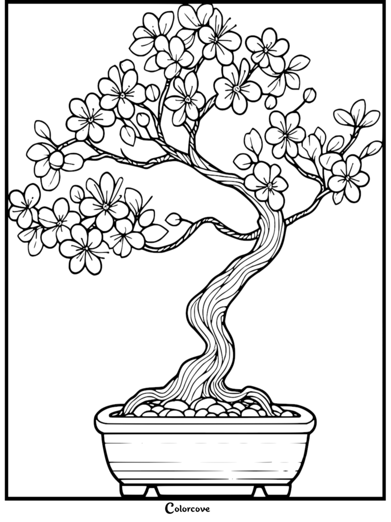 A detailed free Bonsai coloring page featuring a flowering cherry blossom tree with a twisted trunk in a rectangular pot.