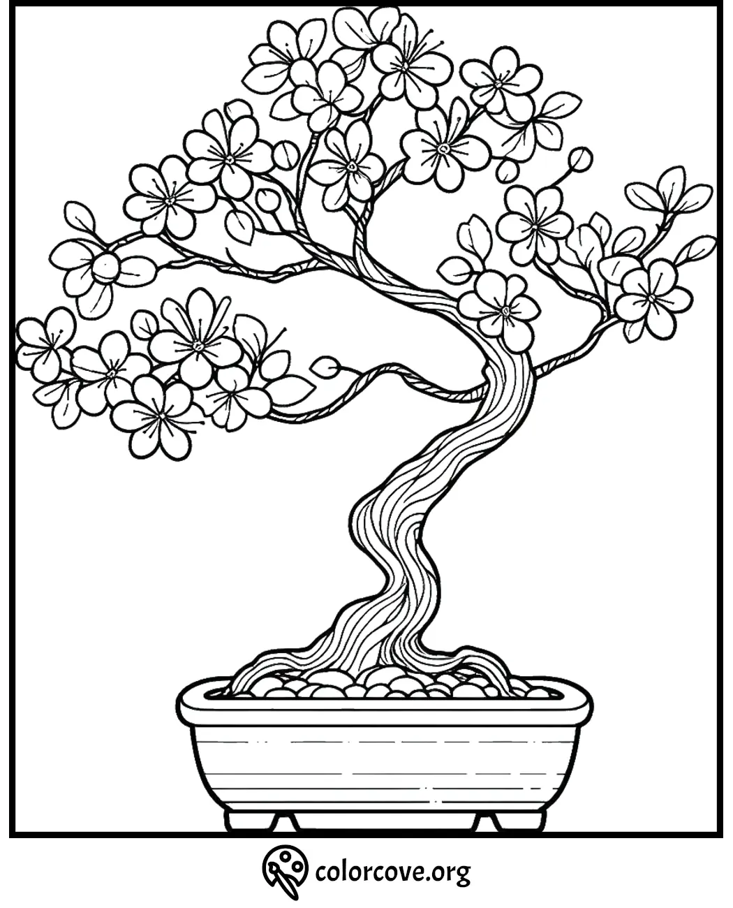 Bonsai tree coloring page featuring blooming flowers and intricate trunk design for stress relief and creativity.