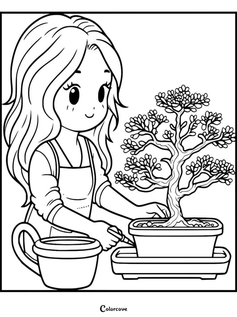A cute anime-style girl wearing an apron pruning a small bonsai tree in a rectangular pot, coloring page.