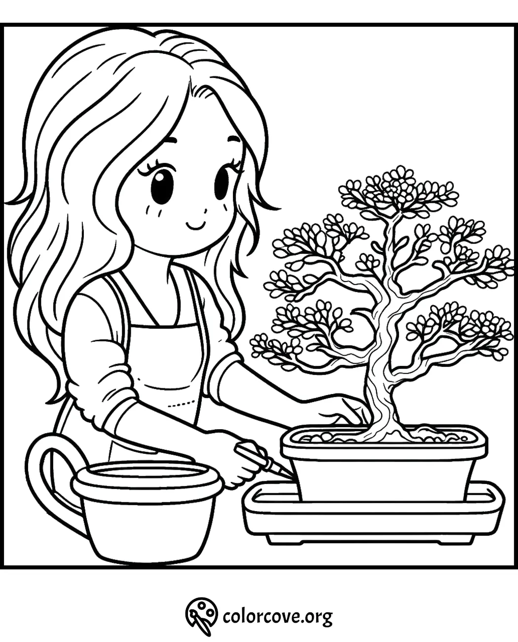 Girl tending bonsai tree coloring page, featuring planter and watering can, for relaxation and creativity.