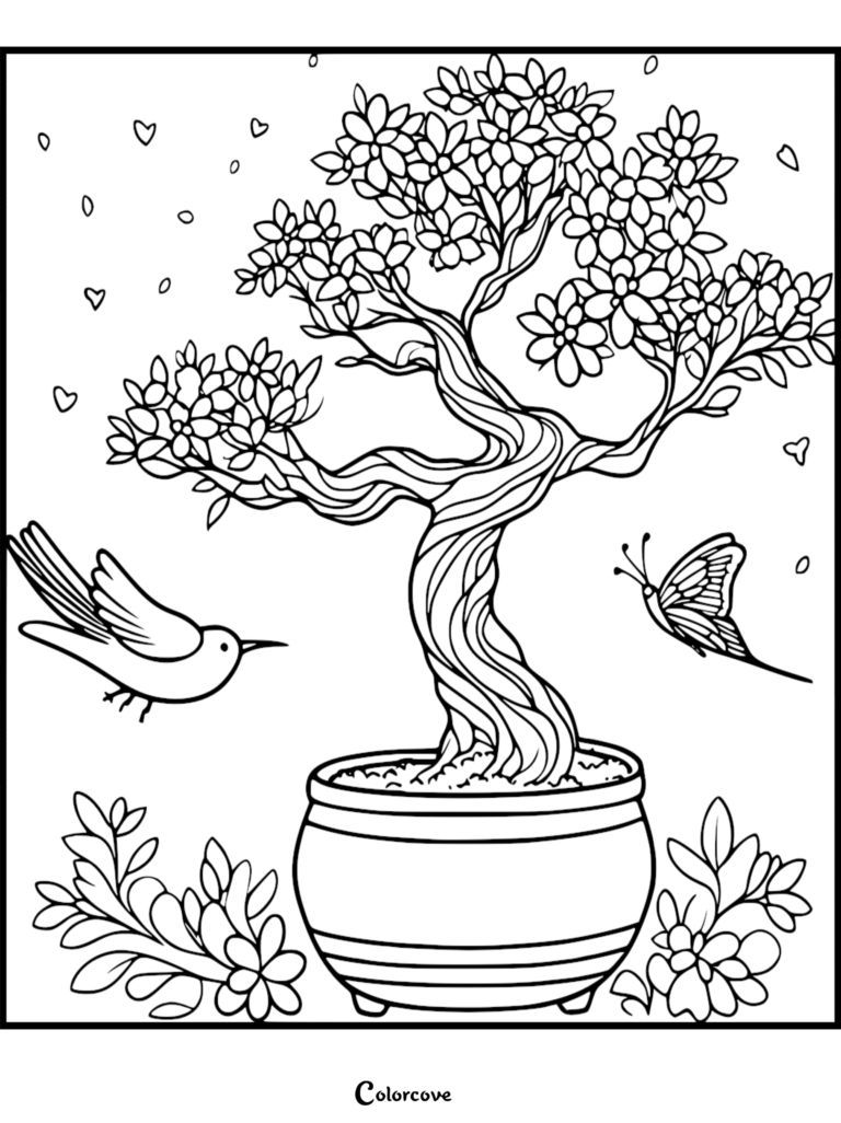 A detailed coloring page featuring a twisted bonsai tree in a pot, surrounded by a flying bird, a butterfly, and falling heart-shaped petals.