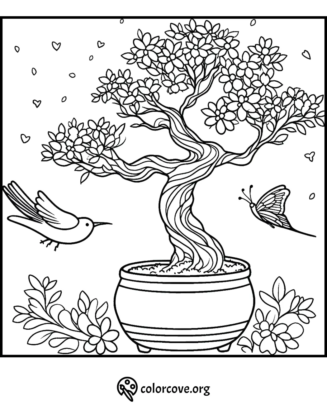 Bonsai tree coloring page with flowers, butterfly, and bird. Perfect for kids and adults coloring enthusiasts.