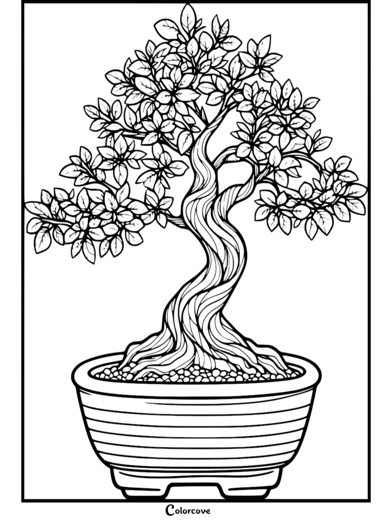 A detailed line art coloring page of a twisted bonsai tree with lush leaves in a round ceramic pot.