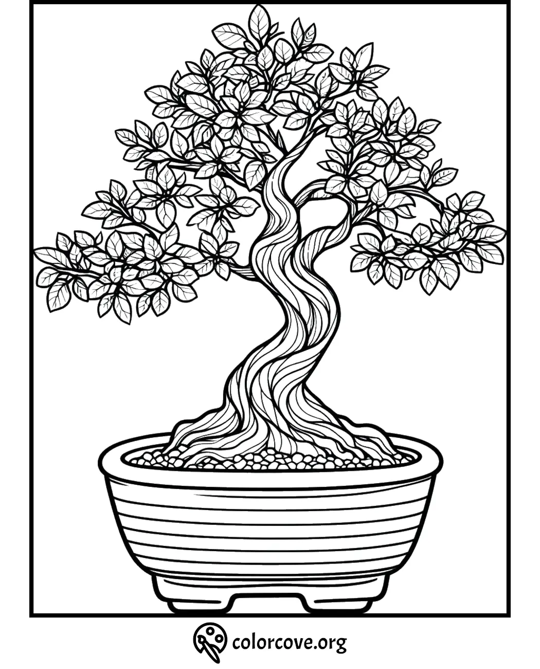 Bonsai tree coloring page with intricate branches and leaves in a pot, perfect for relaxation and creativity.