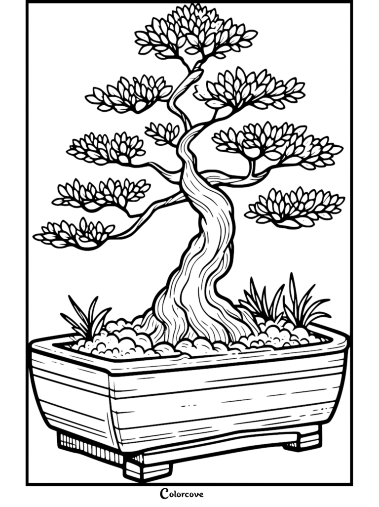 A detailed coloring page featuring a twisted bonsai tree with layered foliage in a rectangular ceramic pot with small grass tufts.