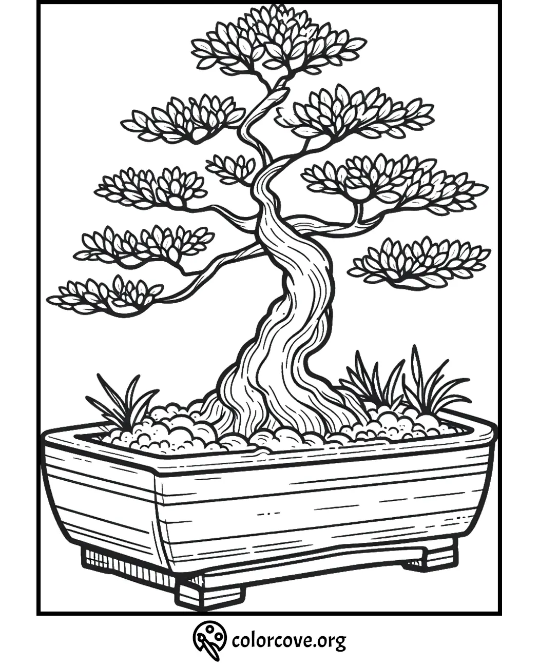 Black and white bonsai tree coloring page with intricate details. Perfect for relaxation and creativity.