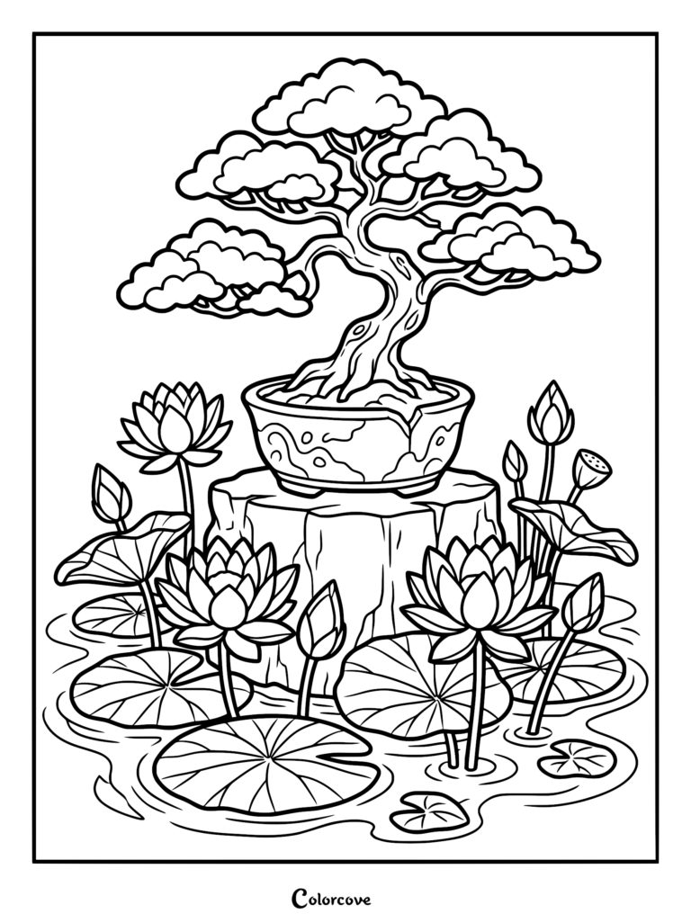 A detailed coloring page featuring a gnarled bonsai tree in a cracked pot resting on a stone pedestal surrounded by blooming lotus flowers and lily pads in a pond.