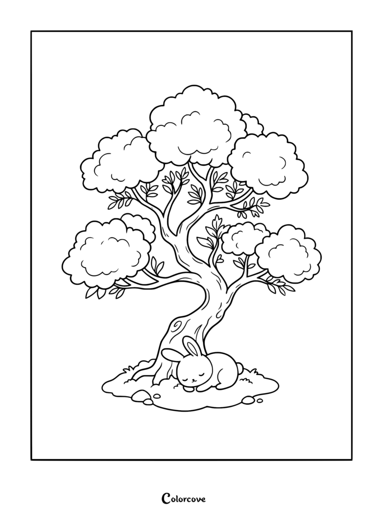 A cute bunny sleeping peacefully under a stylized bonsai tree in this printable coloring page.