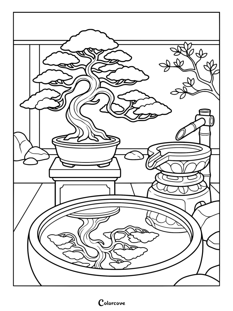 A detailed coloring page featuring a twisted bonsai tree on a pedestal next to a stone water fountain and a reflecting pool.