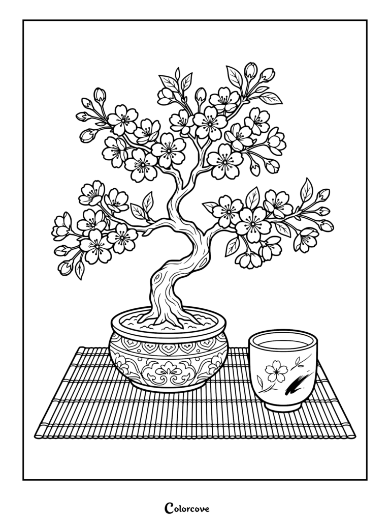 A detailed coloring page featuring a blooming cherry blossom bonsai tree in an ornate pot next to a tea cup on a bamboo mat.