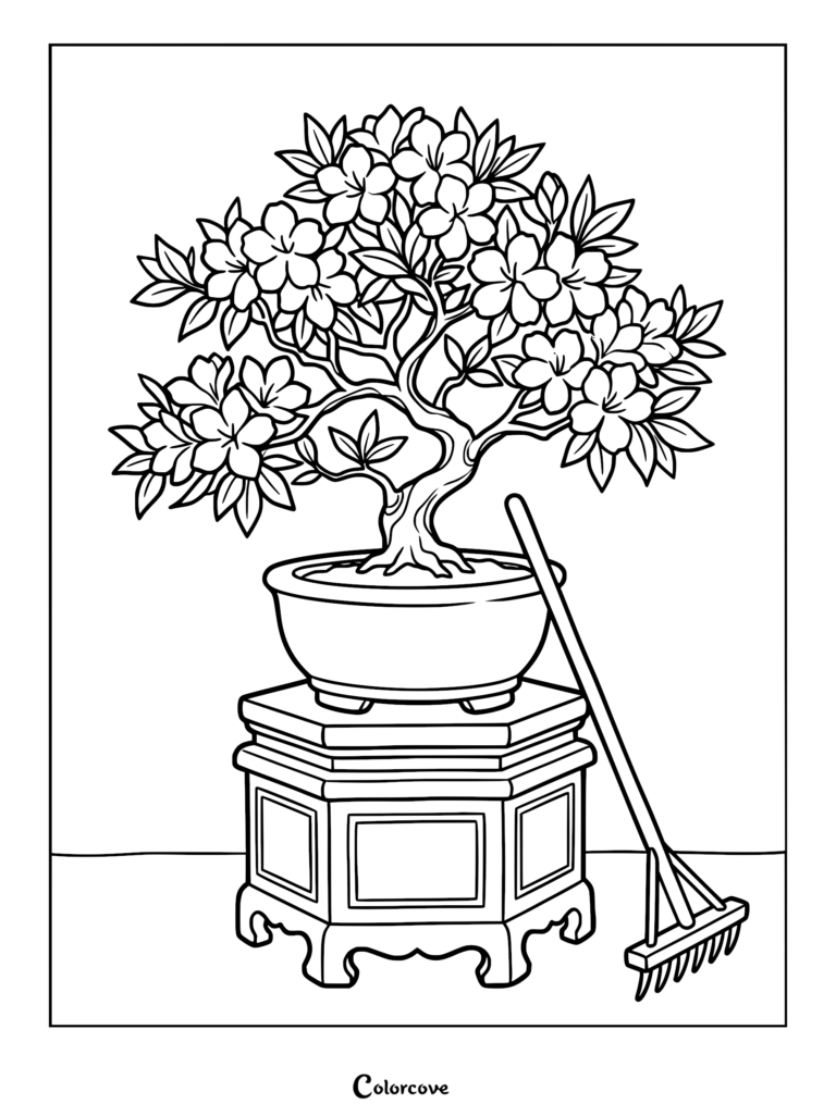 A detailed coloring page of a blooming bonsai tree in a ceramic pot resting on an ornate wooden stand with a garden rake leaning against it.