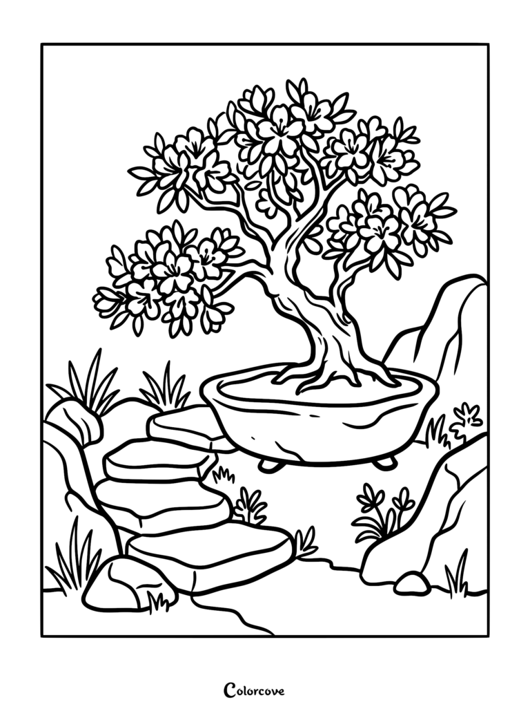 A detailed coloring page featuring a blooming bonsai tree in a ceramic pot, set on a stone path with rocks and grass.