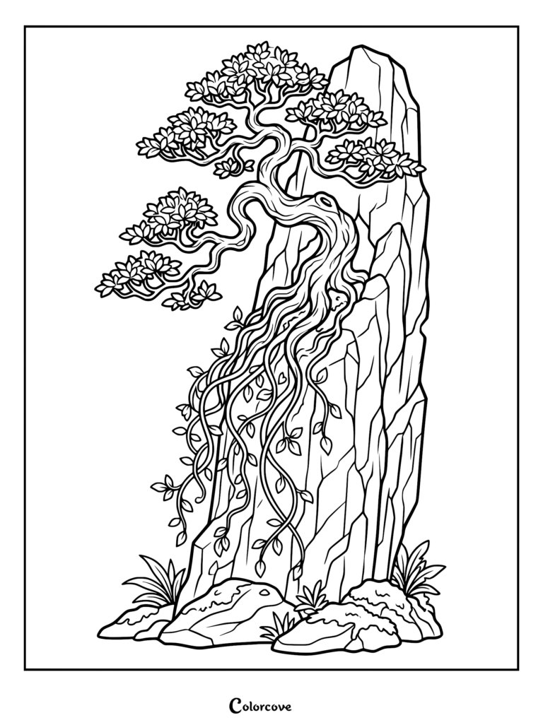 A detailed coloring page featuring a twisted bonsai tree with cascading vines growing against a tall, jagged rock formation.