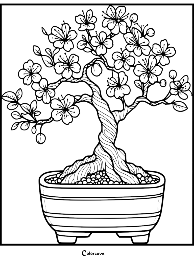 A detailed coloring page featuring a twisted bonsai tree with cherry blossoms in a rectangular ceramic pot.