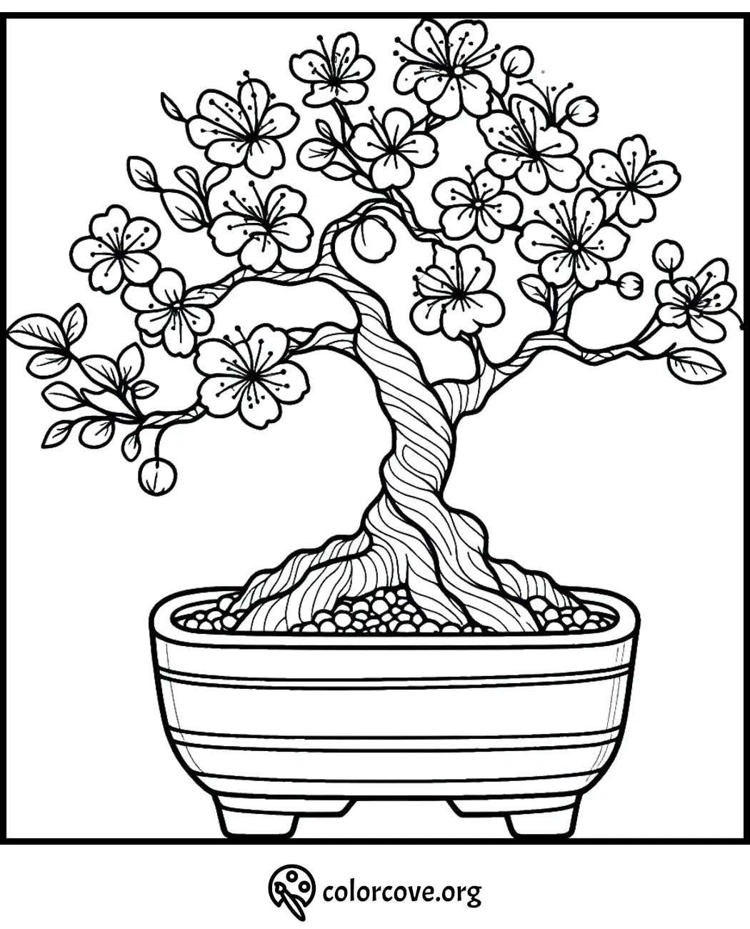 Bonsai tree coloring page with detailed blossoms in a pot, ideal for relaxation and creativity.