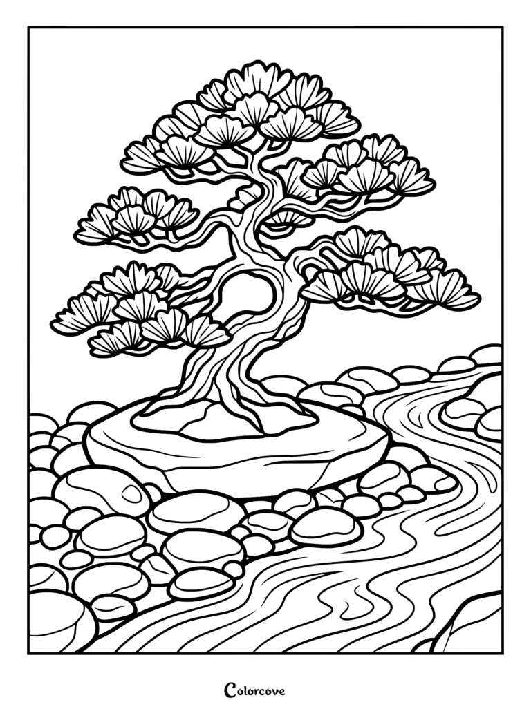 A detailed coloring page featuring a twisted bonsai tree growing on a flat stone beside a flowing river with smooth pebbles.