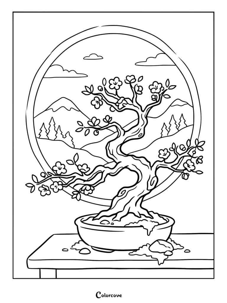 A detailed coloring page featuring a twisted flowering bonsai tree inside a circular frame with a mountain landscape background.