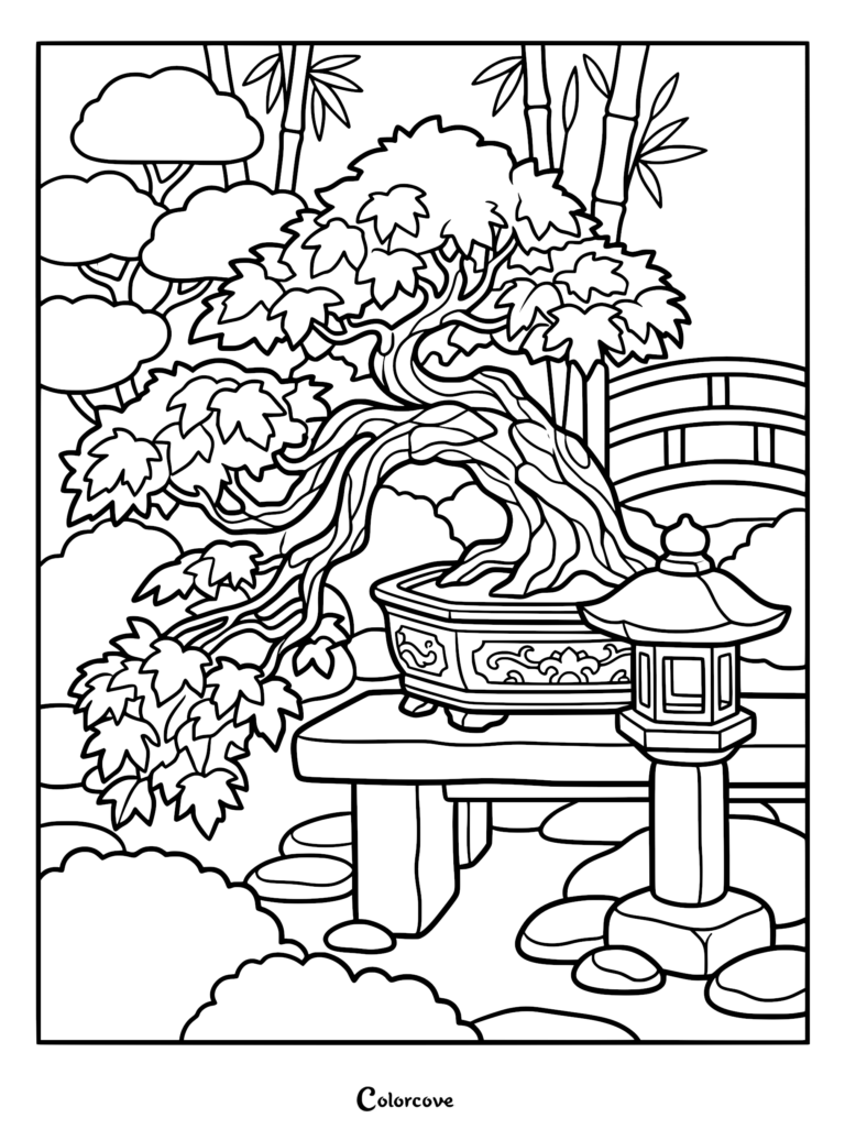 A detailed coloring page featuring a cascading bonsai tree in an ornate pot, sitting on a stone bench next to a Japanese stone lantern with bamboo and a bridge in the background.