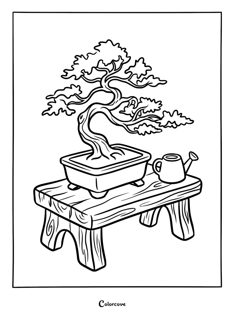 A simple coloring page featuring a curved bonsai tree in a rectangular pot sitting on a rustic wooden bench next to a small watering can.