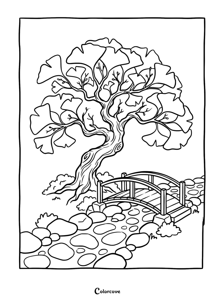 A detailed coloring page featuring a ginkgo bonsai tree with fan-shaped leaves arching over a small wooden footbridge spanning a rocky stream.