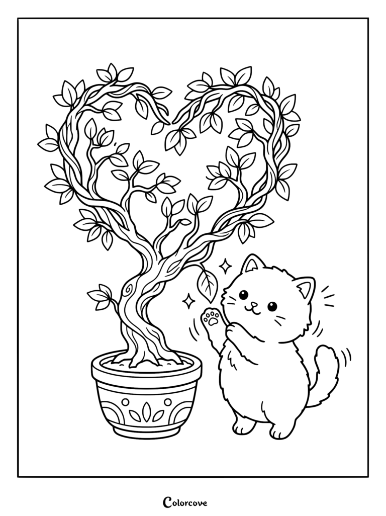 A cute fluffy kitten reaching out to touch a heart-shaped bonsai tree in a decorative pot, line art coloring page.